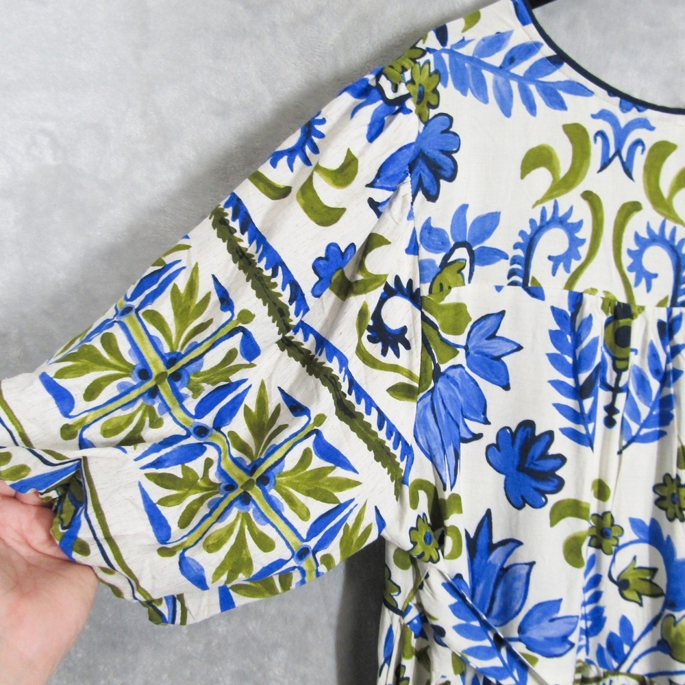 Fig + Flower Womens 2X Blue Green Floral Print V Neck Linen Blend Maxi Dress - Picture 7 of 16